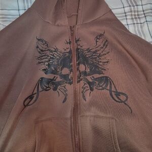 Y2k Brown Hoodie with Skull and Wings Design
